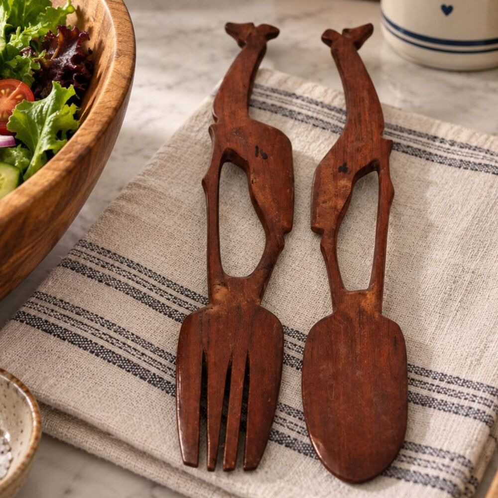 Hand Carved Wood Giraffe Salad Servers 12" Fork Spoon African Safari Set